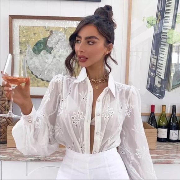 Boho embroidered eyelet pearl button up top Mint - Picture 6 of 14